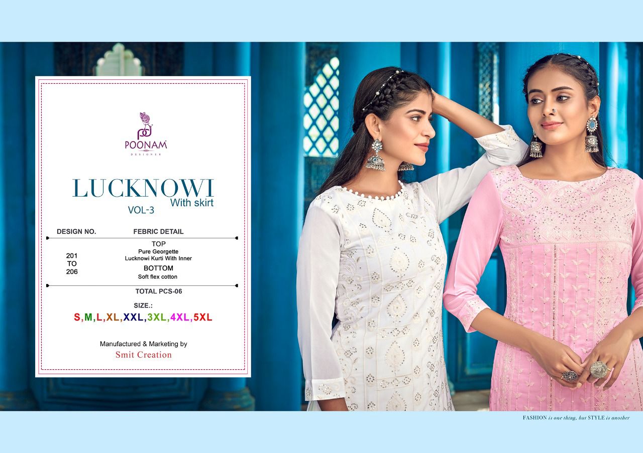 Poonam Designer Lucknowi Vol 3 Kurtis With Skirt Catalogue Wholesale Price