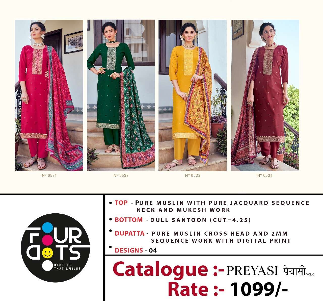 four dots preyasi vol 2 0531-0534 series stylish designer suits catalogue manufacturer surat
