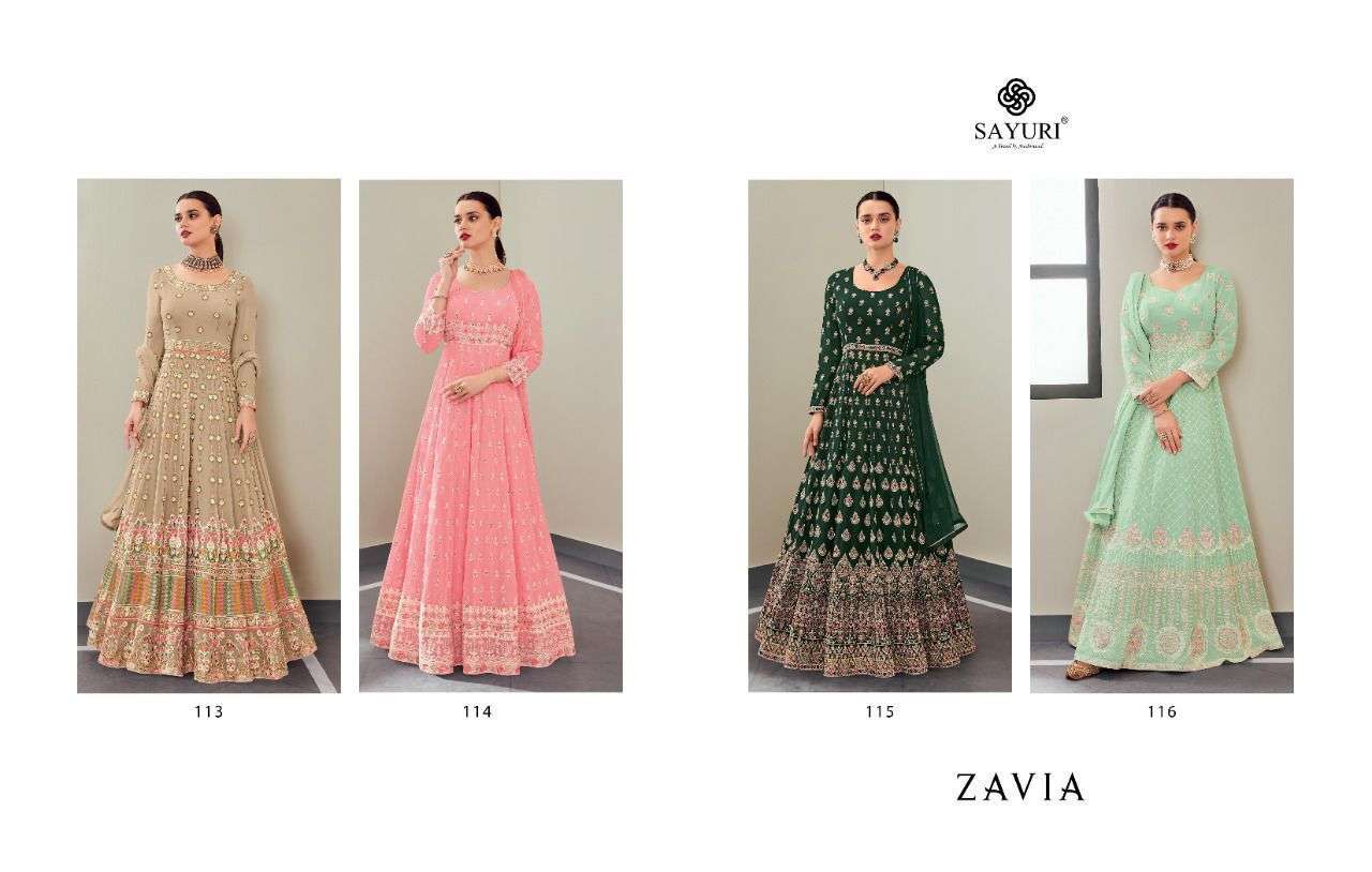 sayuri designer zavia 113-116 series party wear designer suits catalogue manufacturer surat