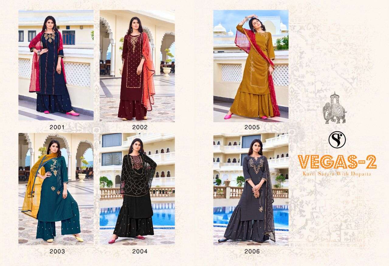 sweety fashion vegas vol 2 chinon silk designer kurtis sharara with dupatta catalogue 2021