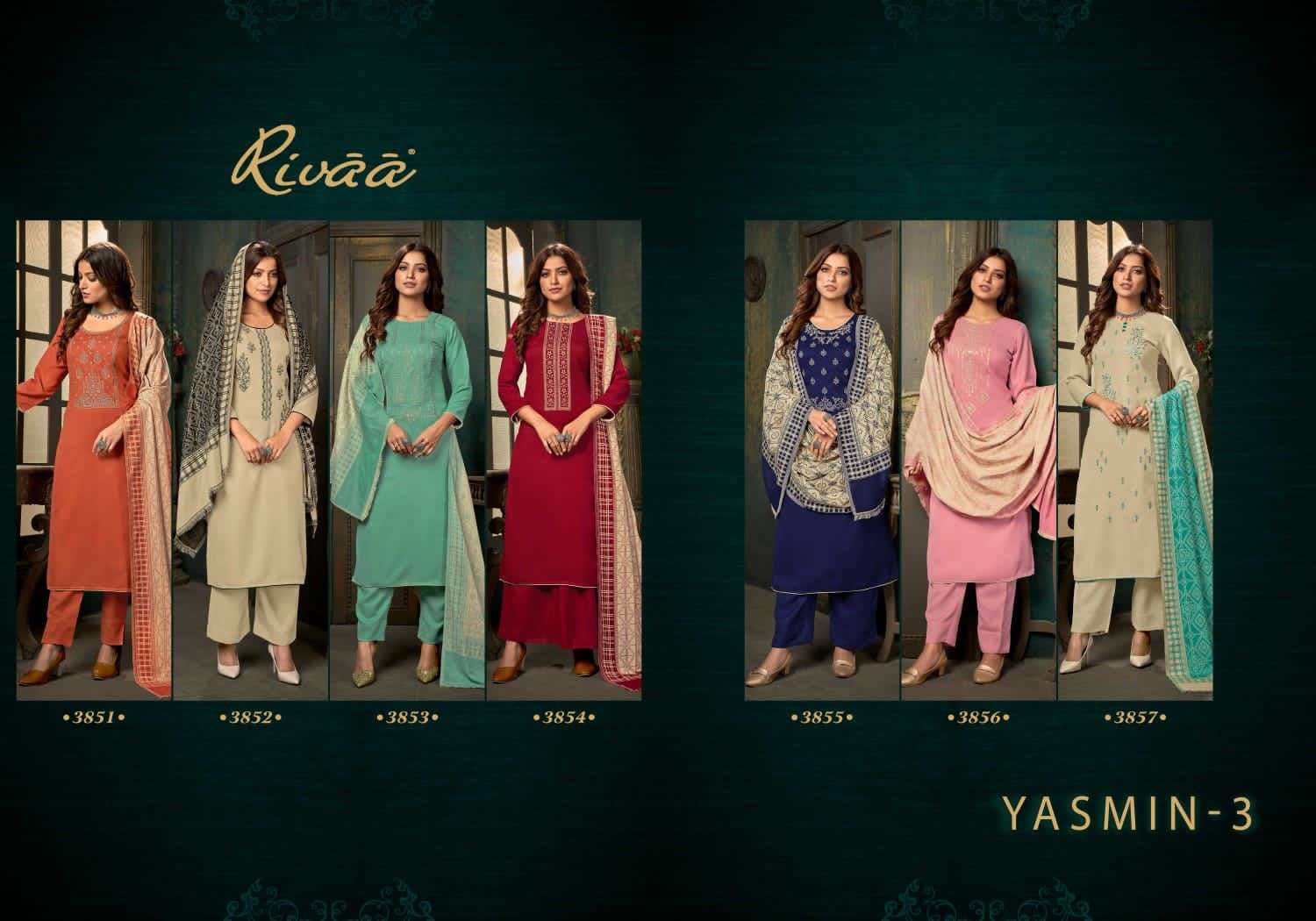 rivaa exports yasmin vol 3 3851-3857 series heavy pashmina designer suits catalogue wholesaler surat