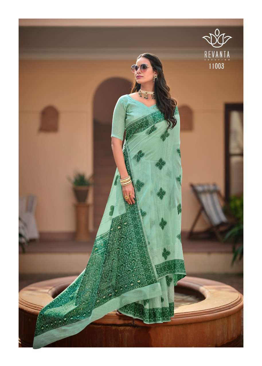 revanta creation mohey11001-11005 series traditional look designer saree catalogue manufacturer surat