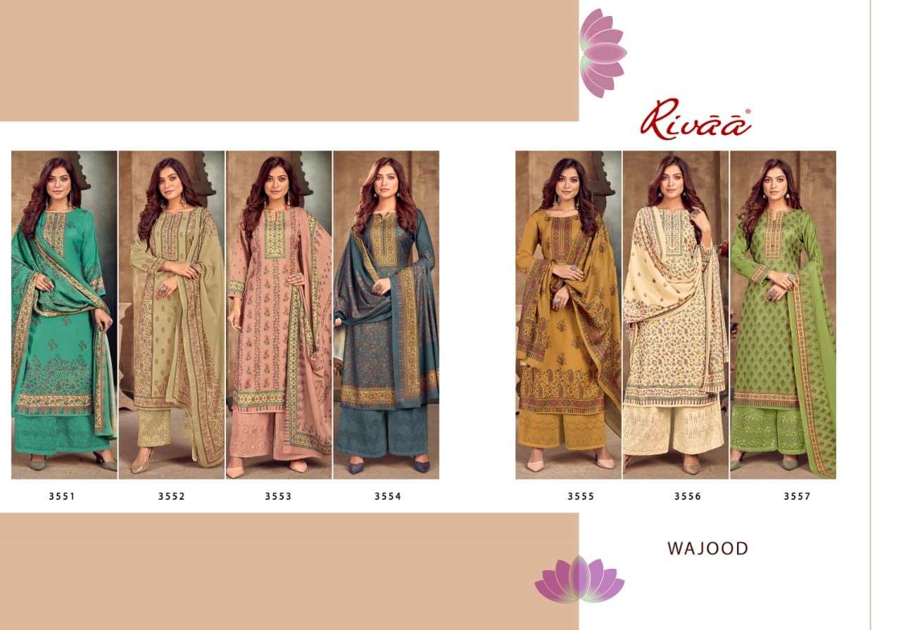 rivaa exports wajood 3551-3557 series fancy designer suits manufacturer surat