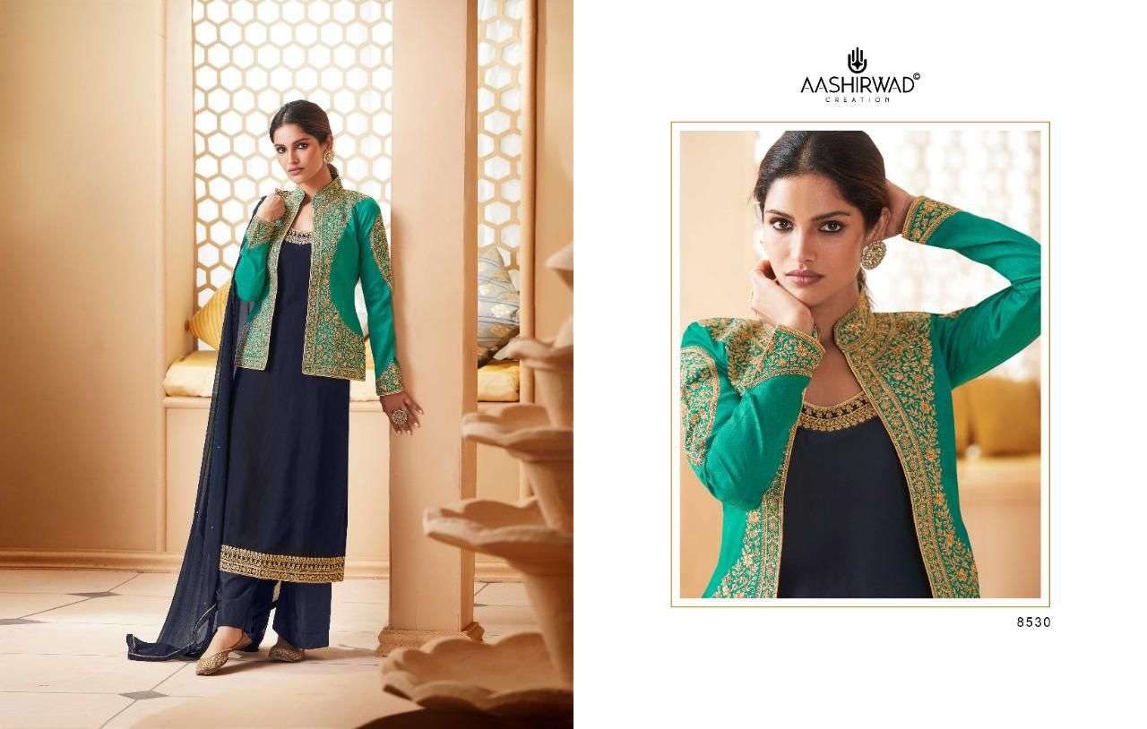 aashirwad creation aashi 8530-8535 series jacket style designer salwar kameez surat