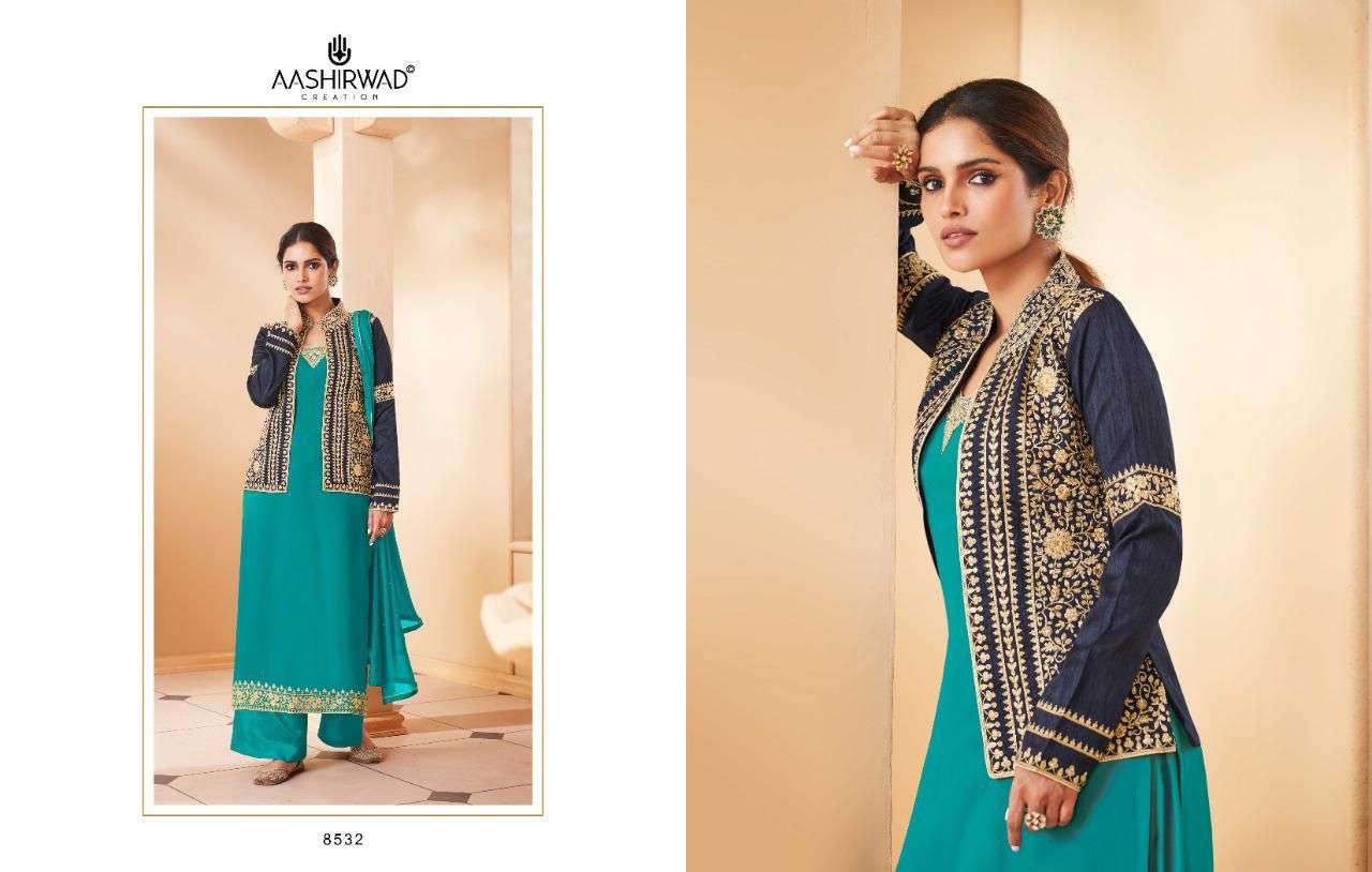 aashirwad creation aashi 8530-8535 series jacket style designer salwar kameez surat
