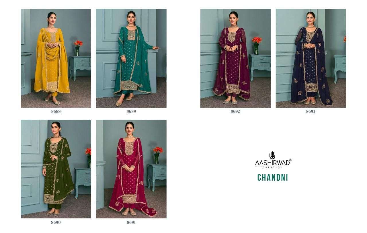 aashirwad creation chandni 8688-8693 series latest designer suits collection surat