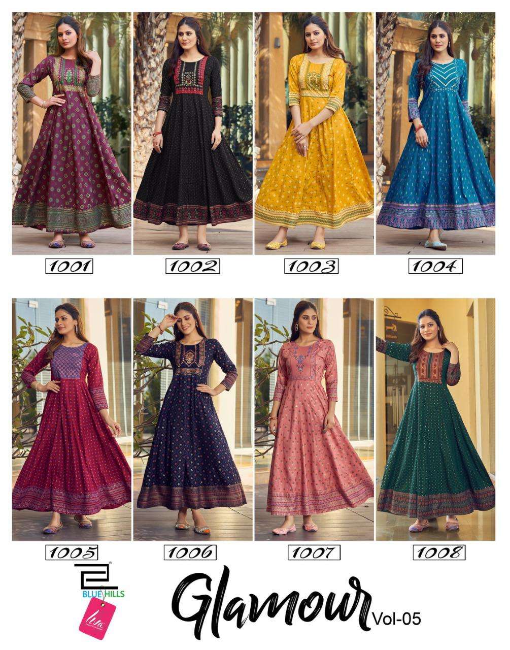 bluehills glamour vol 5 1001-1008 series famcy designer long kurti catalogue collection 2022