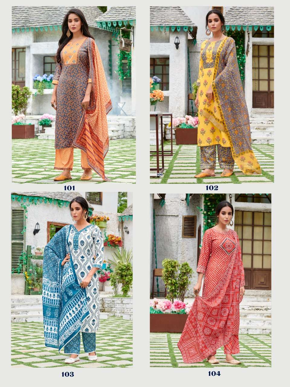 lilly basant 101-104 series kurti pant with dupatta readymade collection