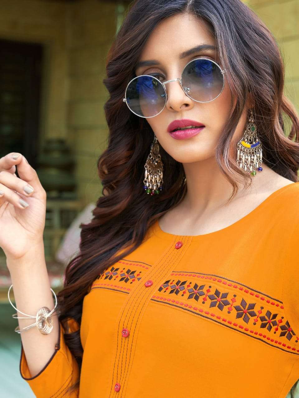 lilly orange candy designer look pure rayon kurtis collection surat