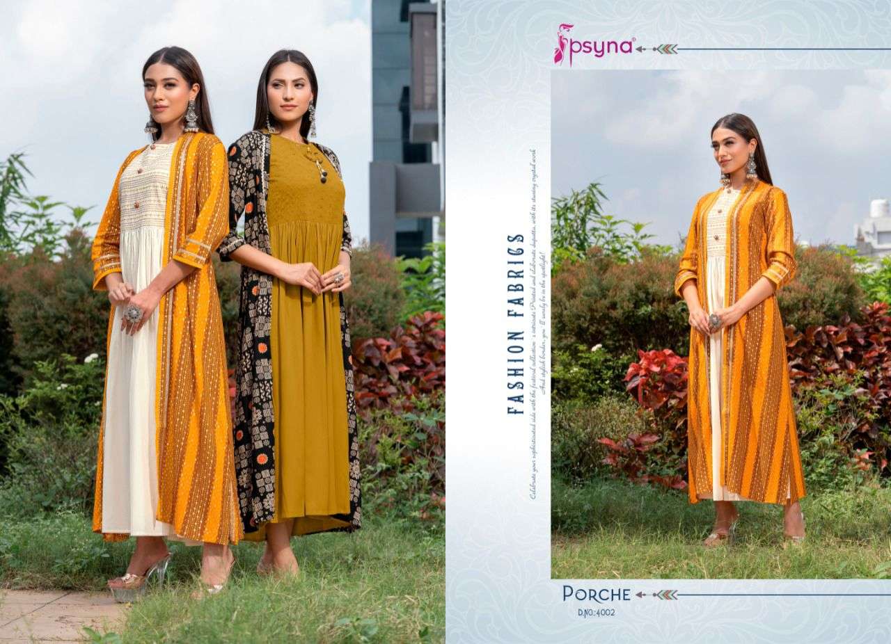 psyna porche vol 4 4001-4008 series fancy designer long kurti catalogue wholesaler surat