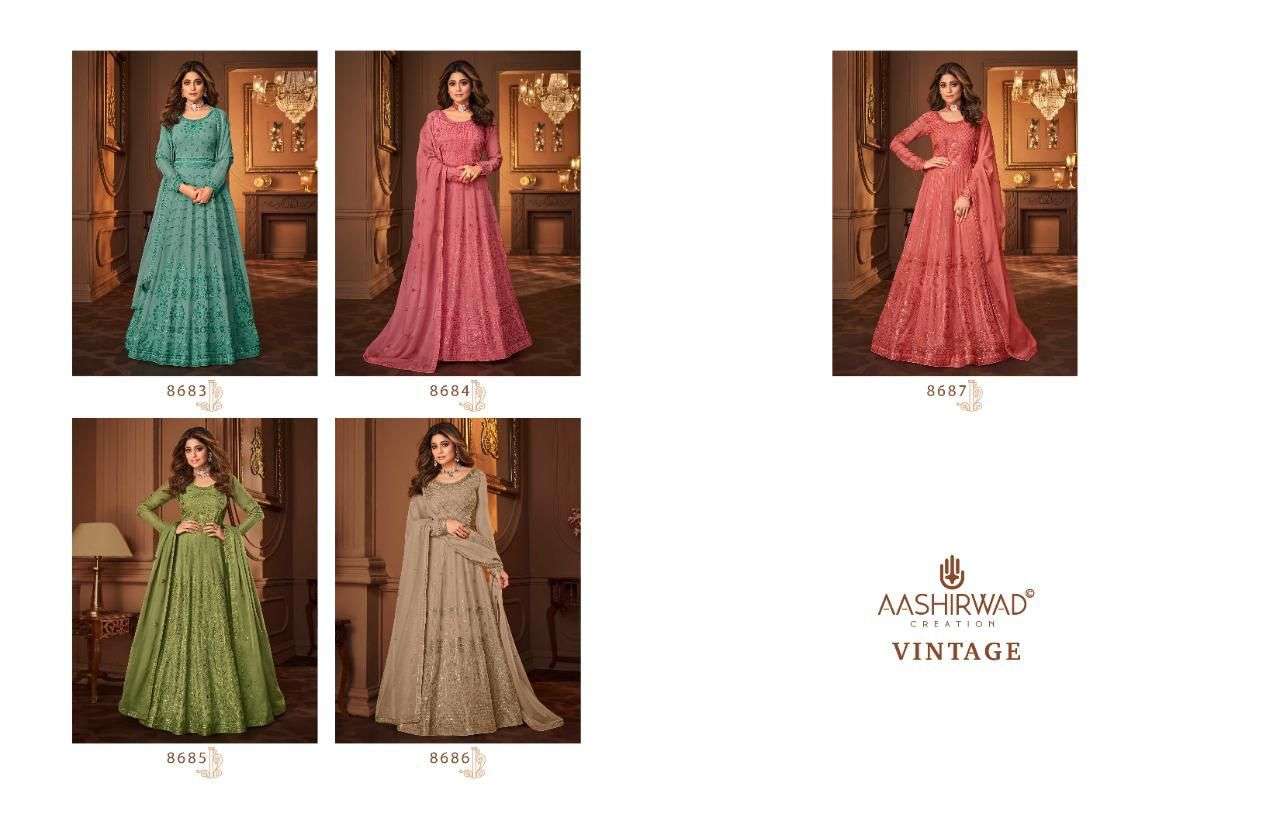 aashirwad creation vintage 8683-8687 series party wear designer dress new collection