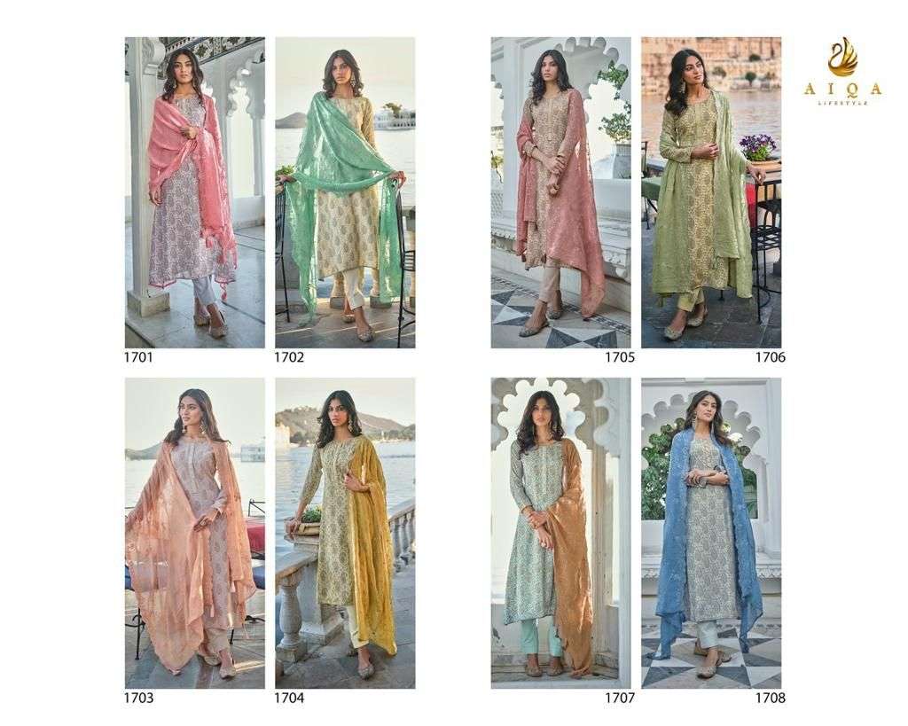 aiqa lifestyle wafa 1701-1708 series unstich designer salwar kameez wholesale price surat