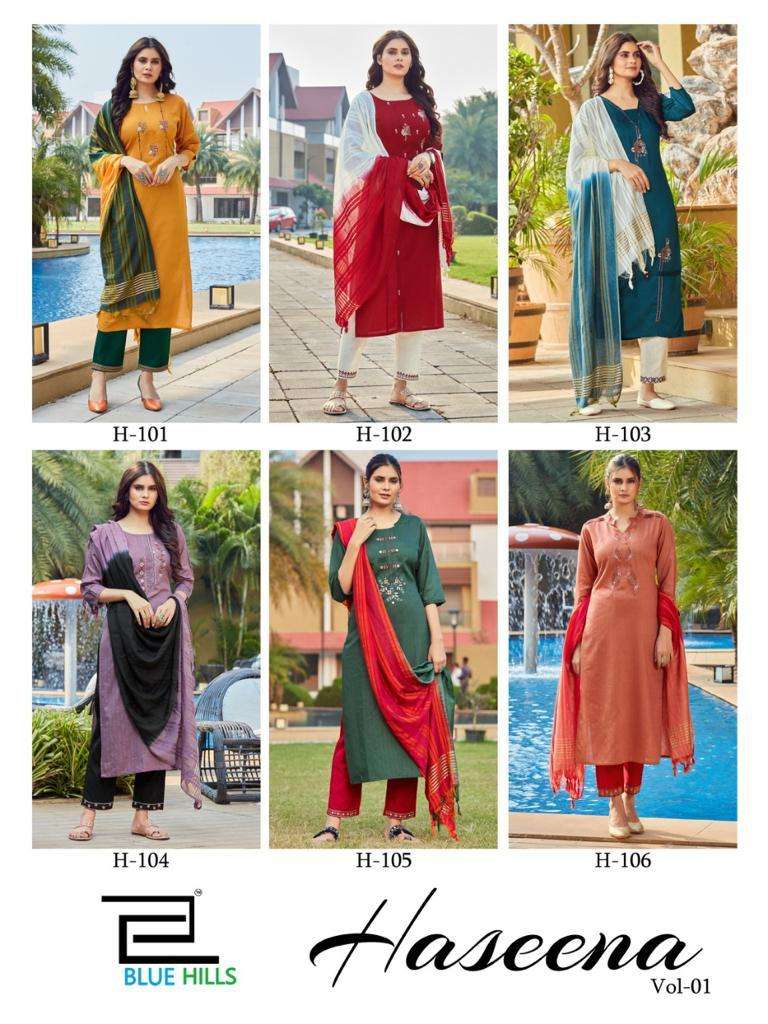 bluehills haseena vol 1 101-106 series stylish designer kurti catalogue wholesaler surat