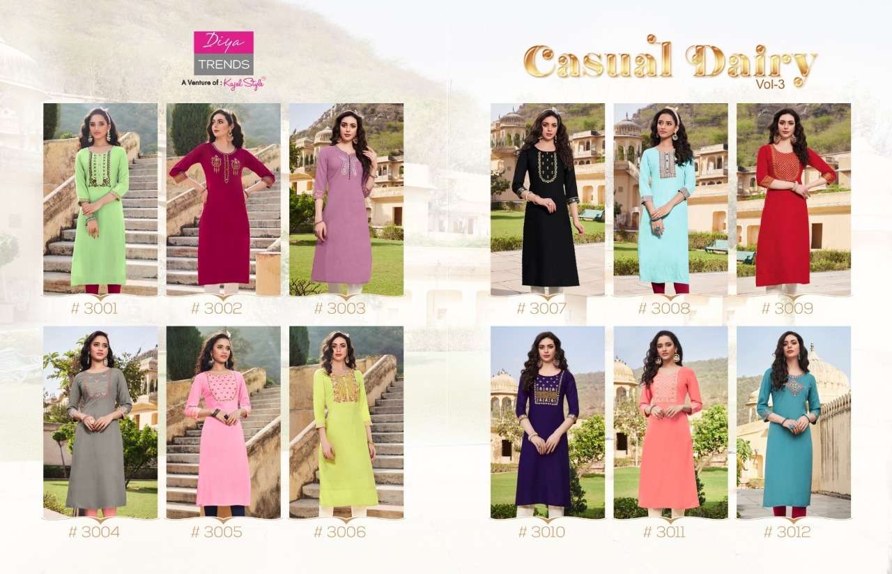 diya trends casual dairy vol 3 fancy designer kurti catalogue manufacturer surat