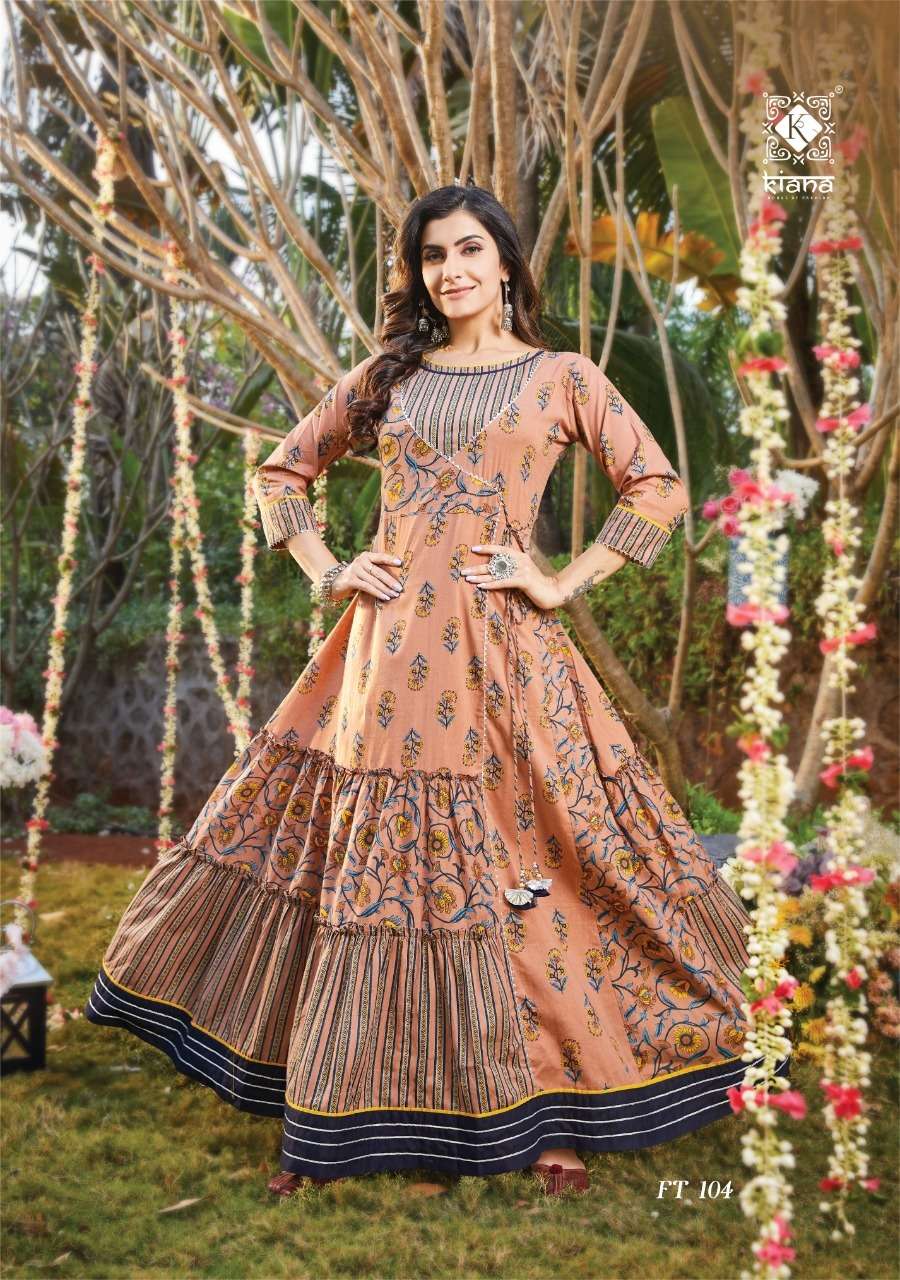 kiana fashion flairy 101-108 series fancy designer long kurti catalogue wholesaler