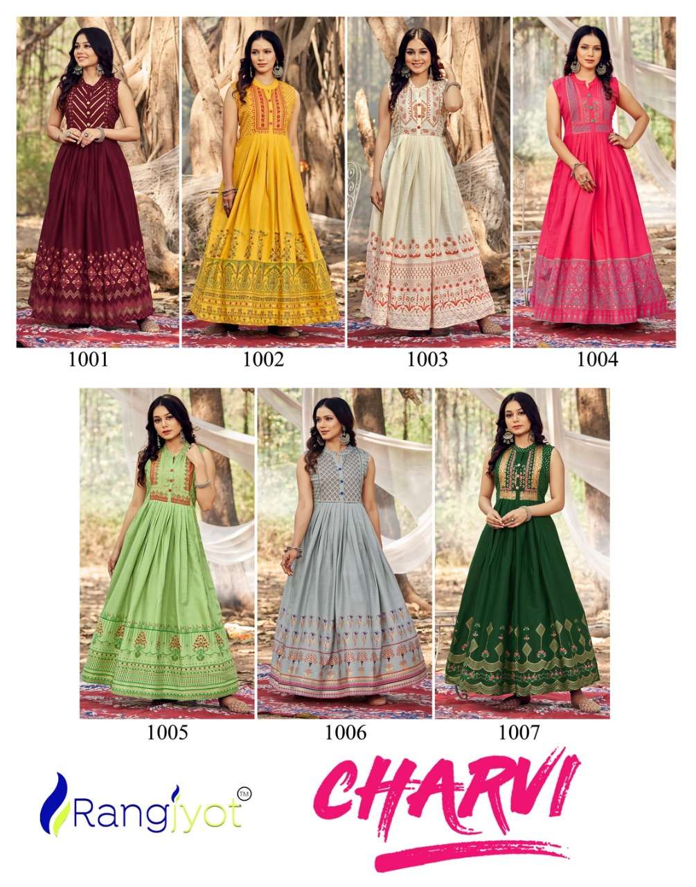 rangjyot charvi 1001-1007 fancy designer kurti catalogue manufacturer surat