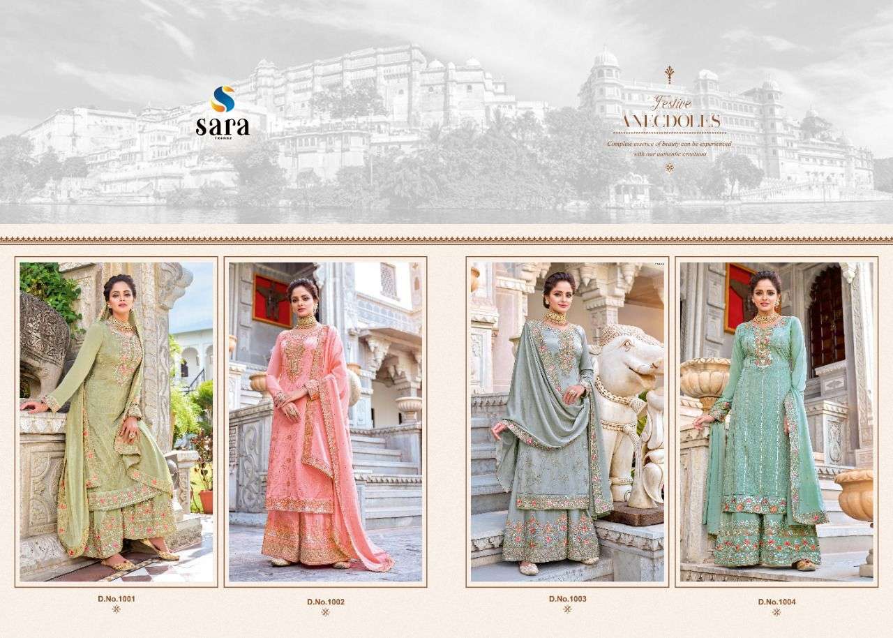 sara trendz pushpa 1001-1004 series party wear salwar suits manufacturer surat