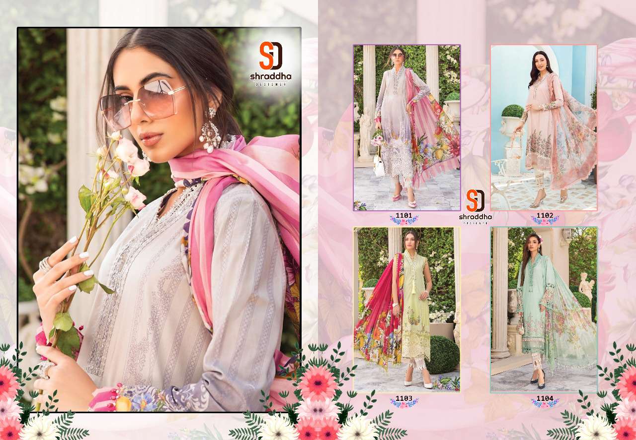 shraddha designer mprints vol 11 1101-1104 series cotton pakistani designer suits wholesaler surat