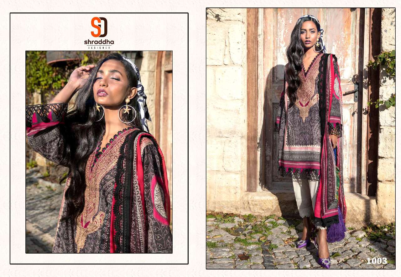 shraddha sana safinaz muzline spring vol 1 1001-1004 series cotton pakistani designer salwar kameez collection 2022