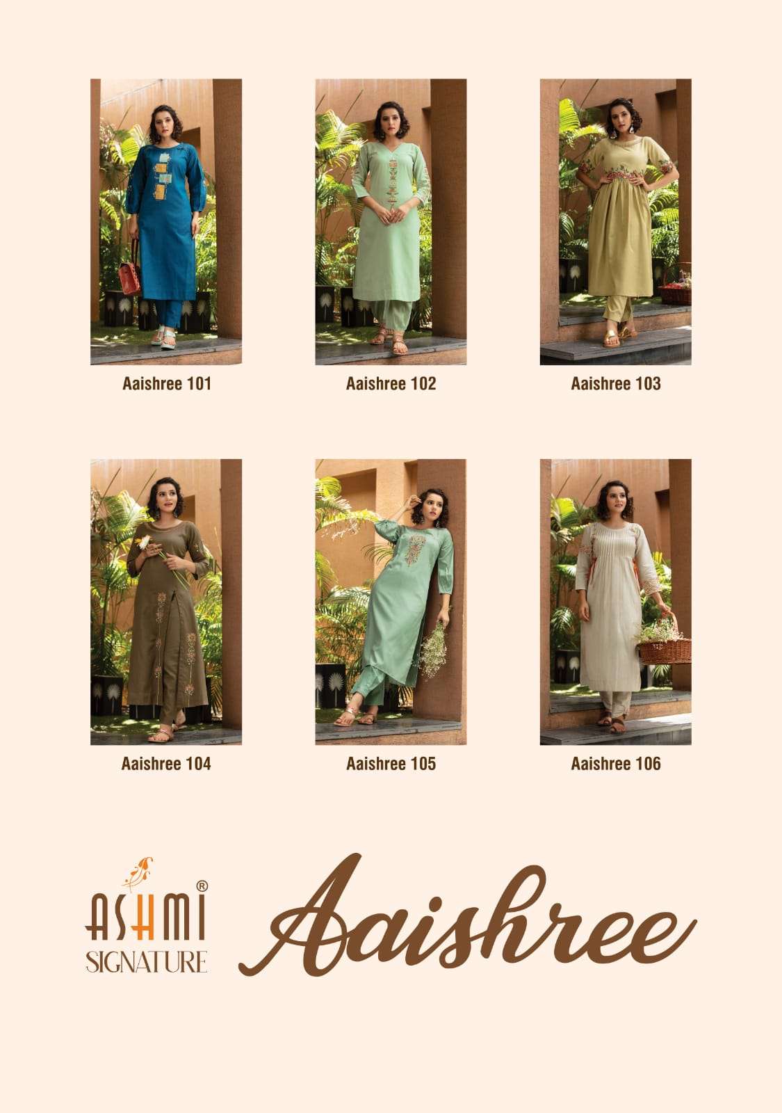 ashmi signature aaishree series 101 - 106 designer heavy cotton kurti with pant set online shopping surat 