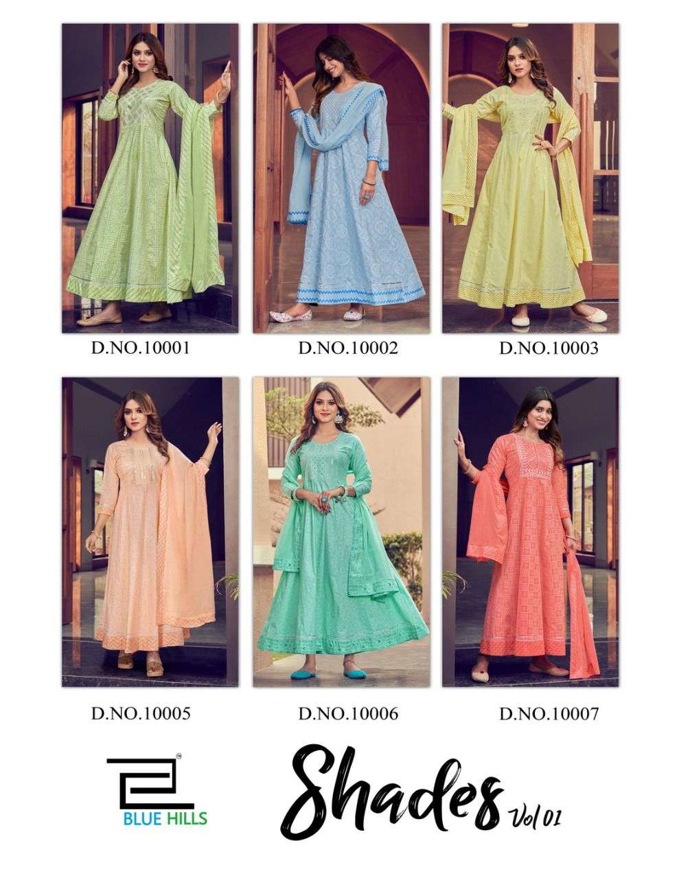 blue hills by shades vol 1 series 10001 - 10007 cotton cambric long designer kurti collection online wholesaler surat 