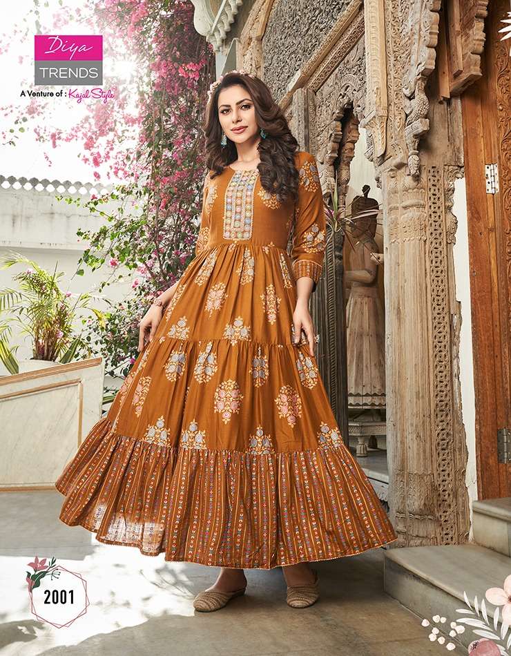 diya trends by groom vol 2 designer reyon gold printed long kurti wholesaler online shopping surat 