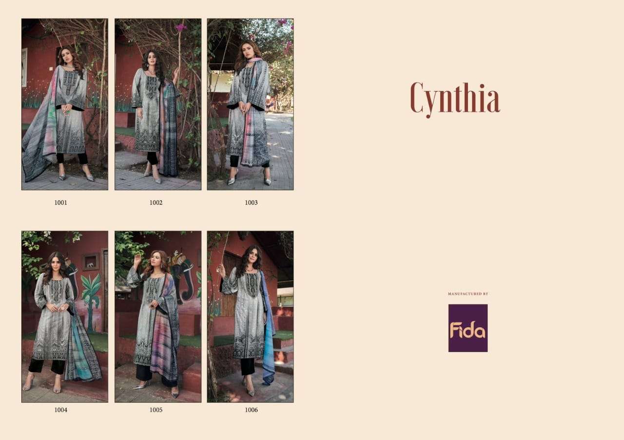 fida cynthia series 1001-1006 lawn cotton designer pakistani look salwar kameez online wholesaler surat 