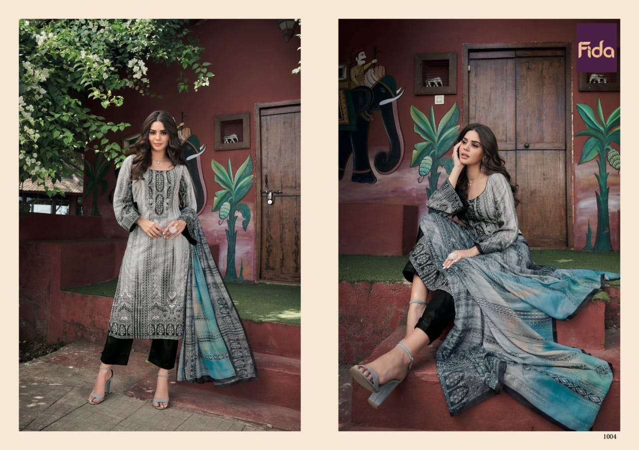 fida cynthia series 1001-1006 lawn cotton designer pakistani look salwar kameez online wholesaler surat 