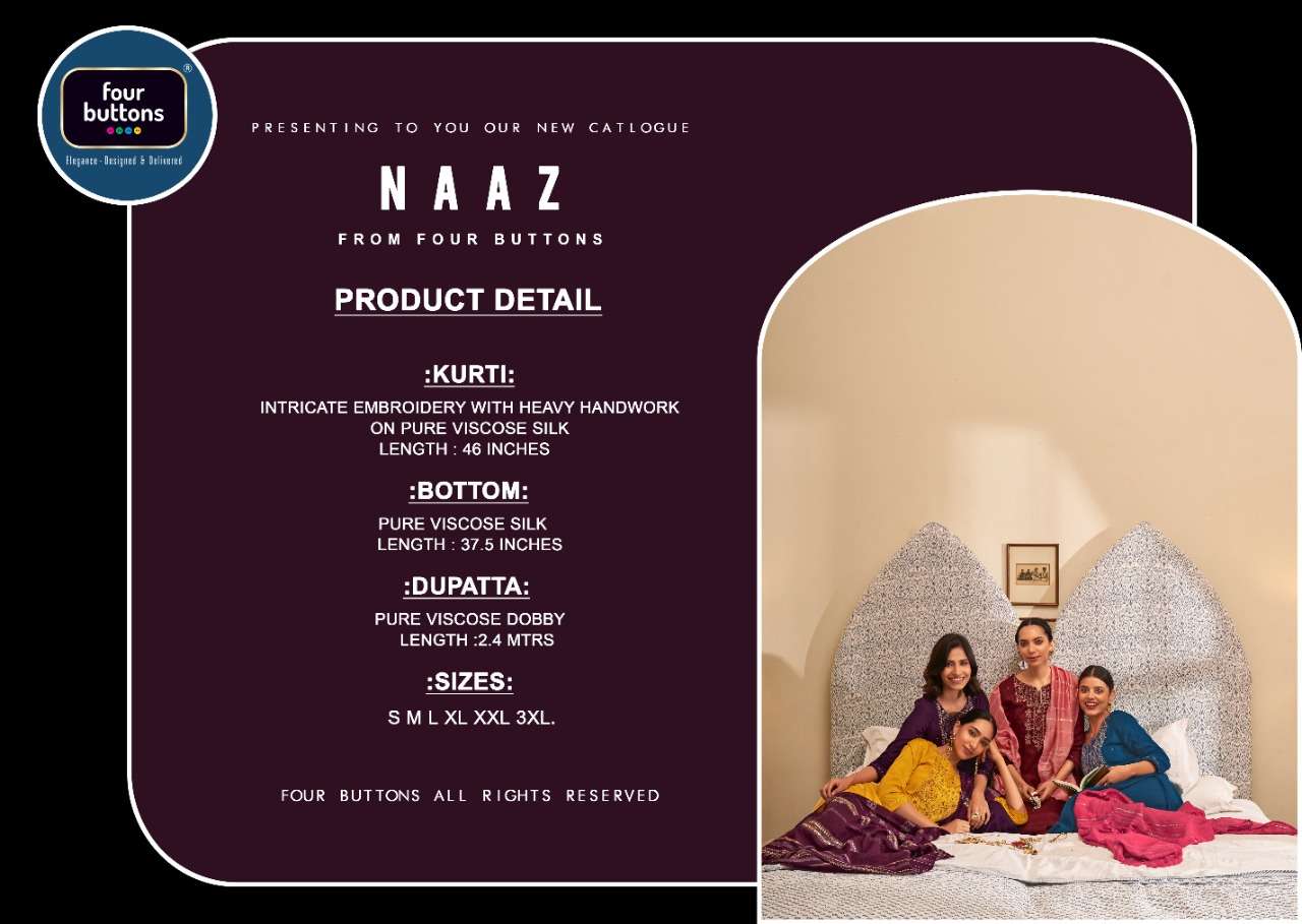 four buttons by naaz pure viscose silk embroidered ready made salwar kameez wholesaler surat 