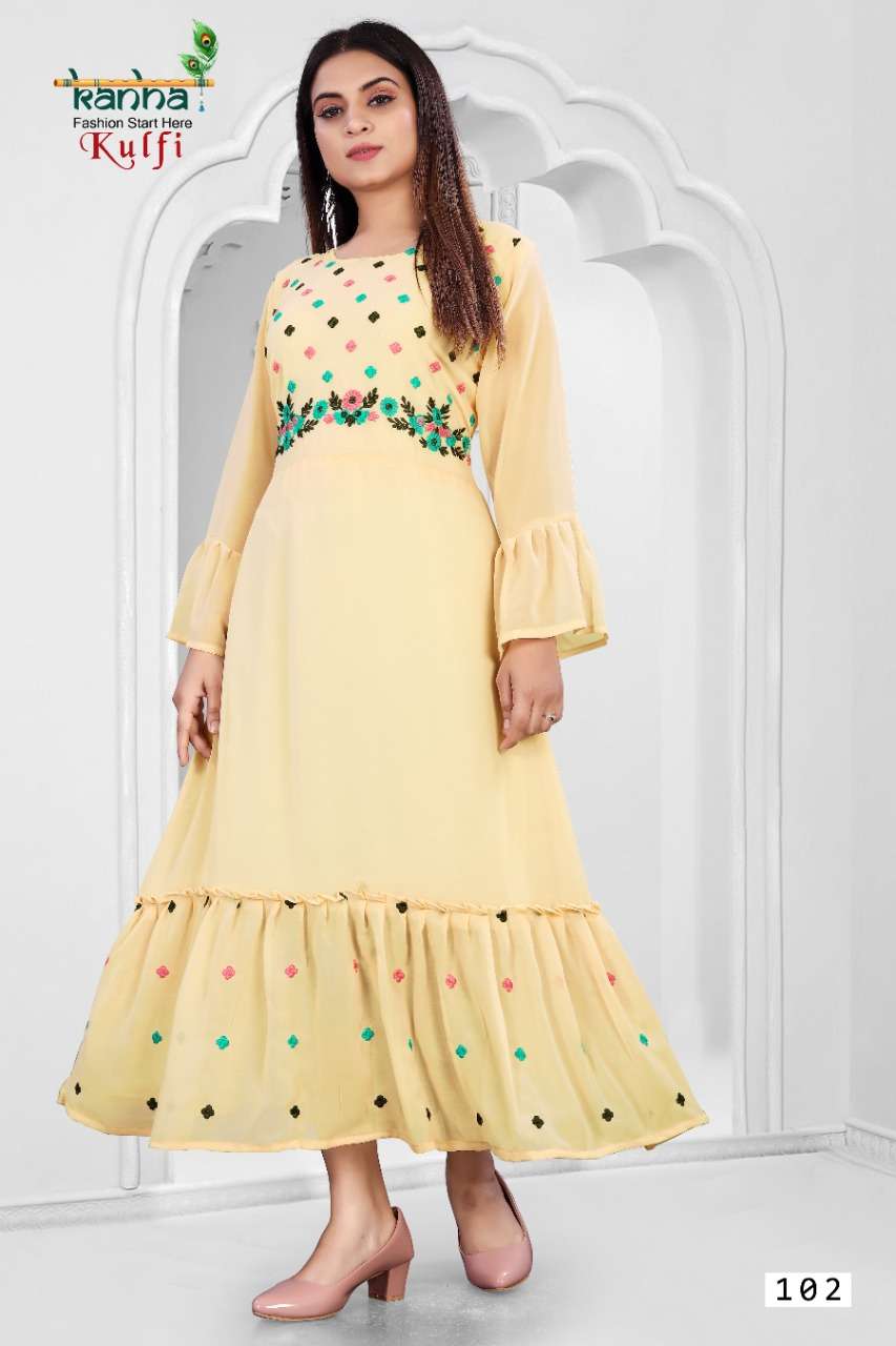 kanha by kulfi series 101 - 106 georgette frock style kurti collection online seller at surat 