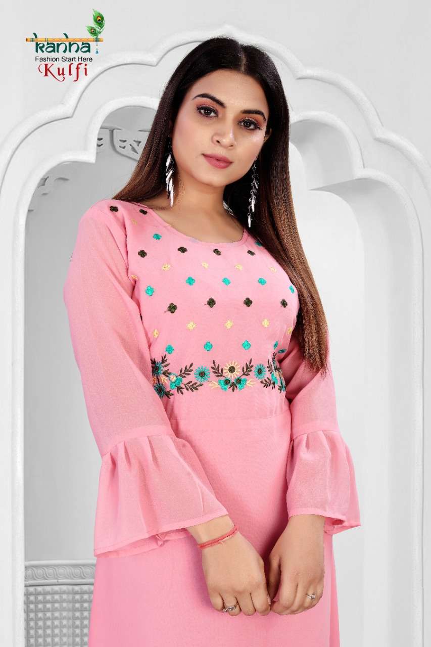 kanha by kulfi series 101 - 106 georgette frock style kurti collection online seller at surat 