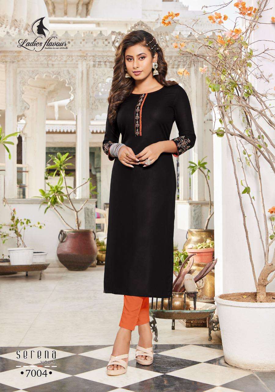 ladies flaour by serena vol 7 designer reyon with embroiedred kurti collection online seller surat 