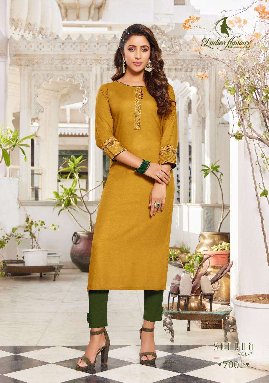 ladies flaour by serena vol 7 designer reyon with embroiedred kurti collection online seller surat 