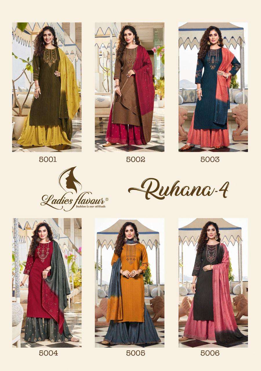 ladies flavour ruhana vol 4 party wear look kurtis bottom dupatta set wholesale price 
