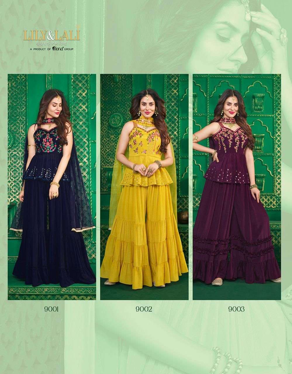 lily and lali spaghetti 9001-9006 series party wear sharara salwar kameez wholesale price