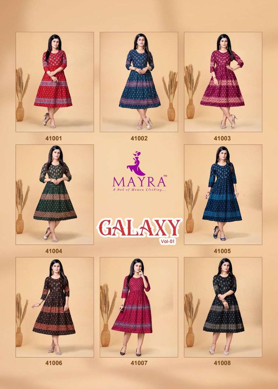 mayra galaxy vol 1 series 41001 - 41008 designer reyon frock style kurti pattern online shopping surat  