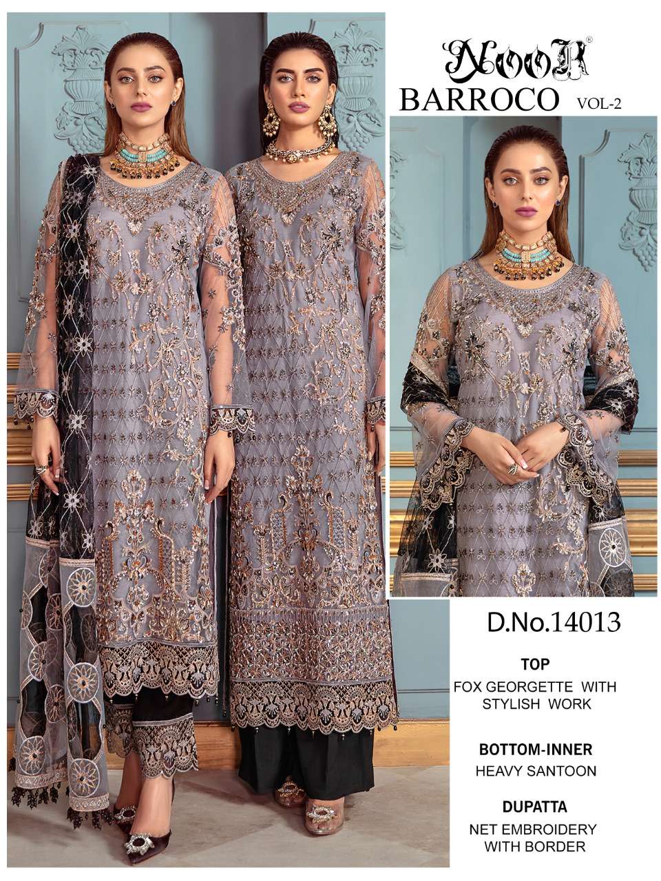 noor by barroco vol 3 series 14013 - 14015 georgette with net party wear salwar kameez online wholesaler surat 