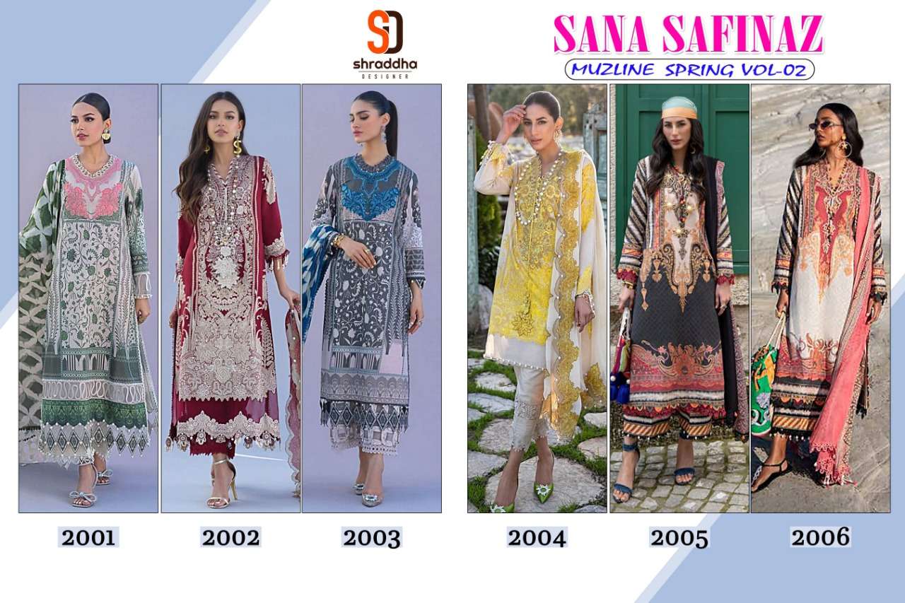 shraddha designer sana safinaz muzline vol 2 pakistani lawn cotton chifffon dupatta salwar kameez online surat