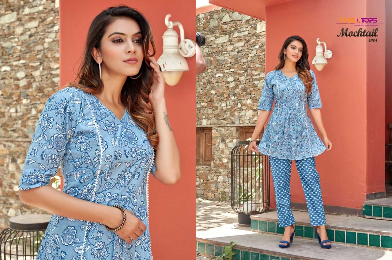 tips and tops by mocktail series 1001 - 1004 designer cotton kurti with pant set online wholesaler surat 