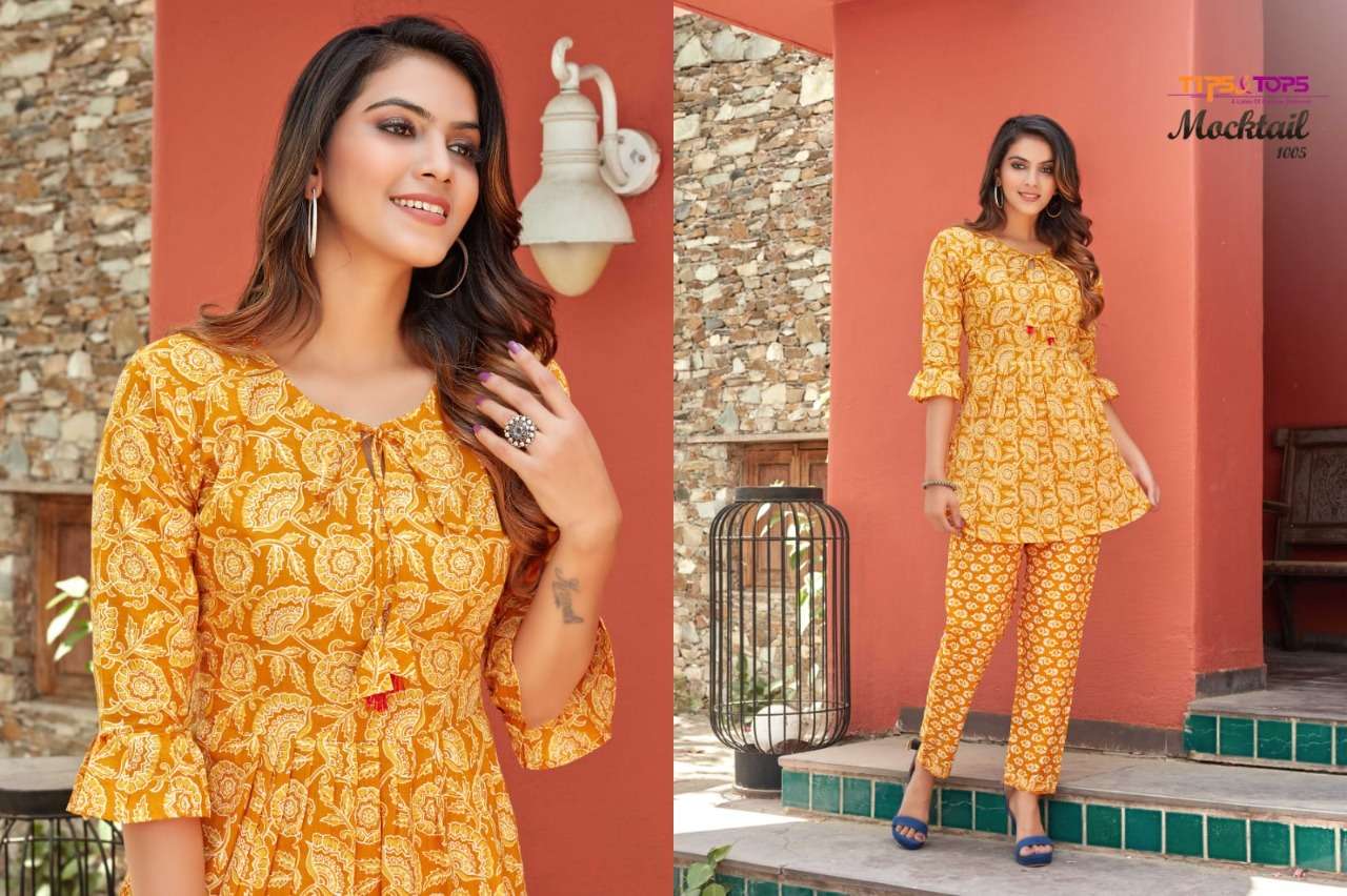tips and tops by mocktail series 1001 - 1004 designer cotton kurti with pant set online wholesaler surat 