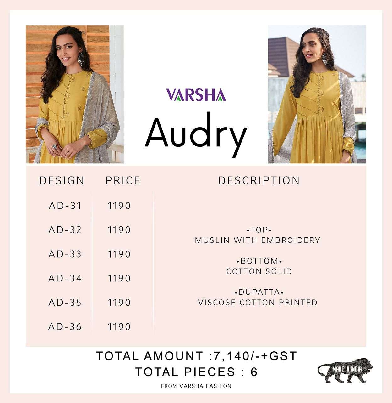 varsha by audry designer muslin printed with cotton dupatta salwar kameez online seller surat 