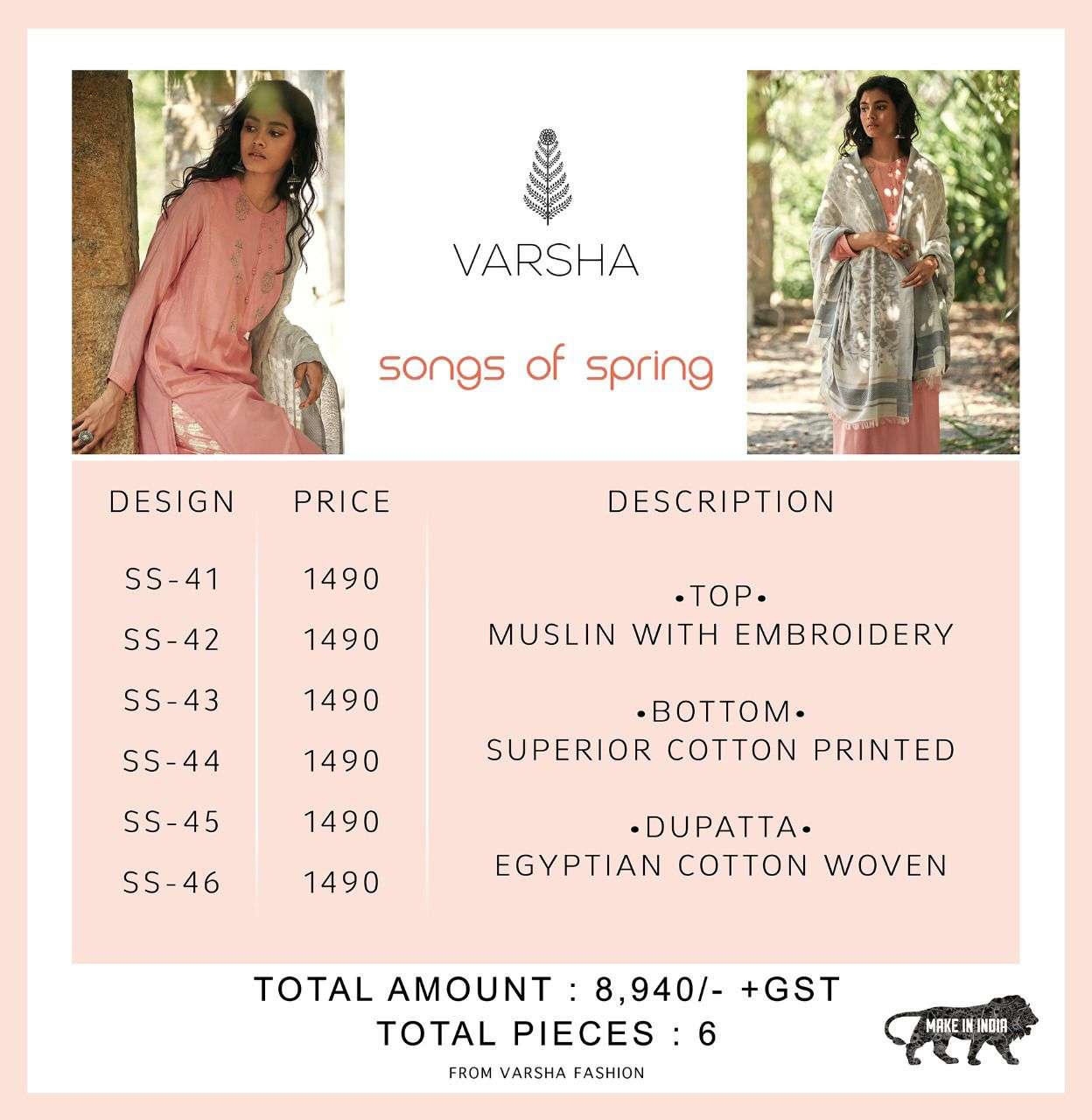 varsha fashion song of spring muslin silk suits online wholesale price surat