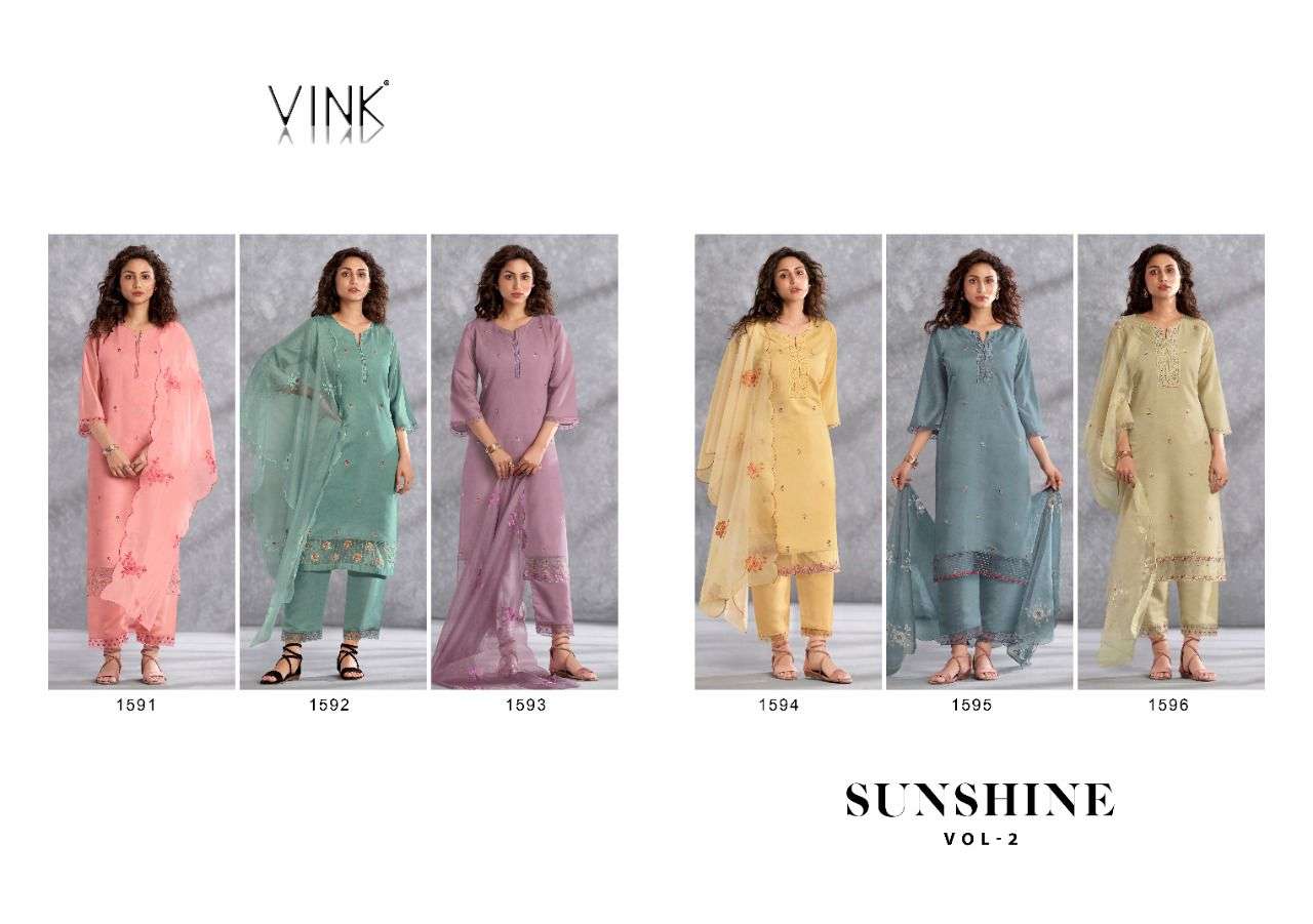 vink sunshine vol 2 serise 1591 - 1596 viscose embroidered stich kurti with pant dupatta set wholesaler surat 