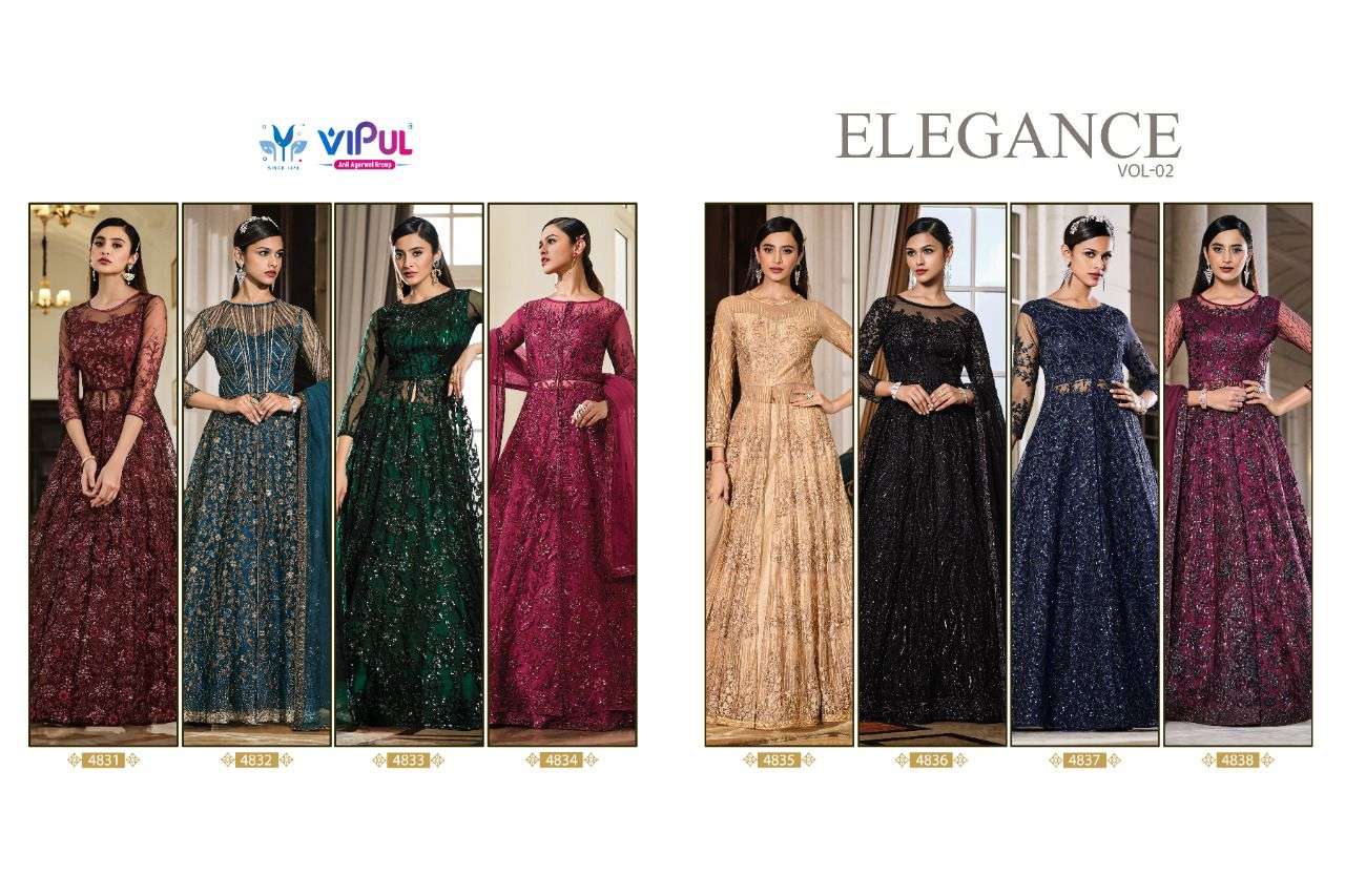vipul fashion by elegance vol 2 series 4831 to 4838 designer semi stiched long gown wholesaler surat  