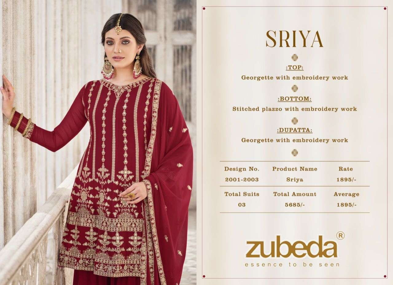 zubeda sriya 1001-1003 series party wear sharara suits collection online price surat