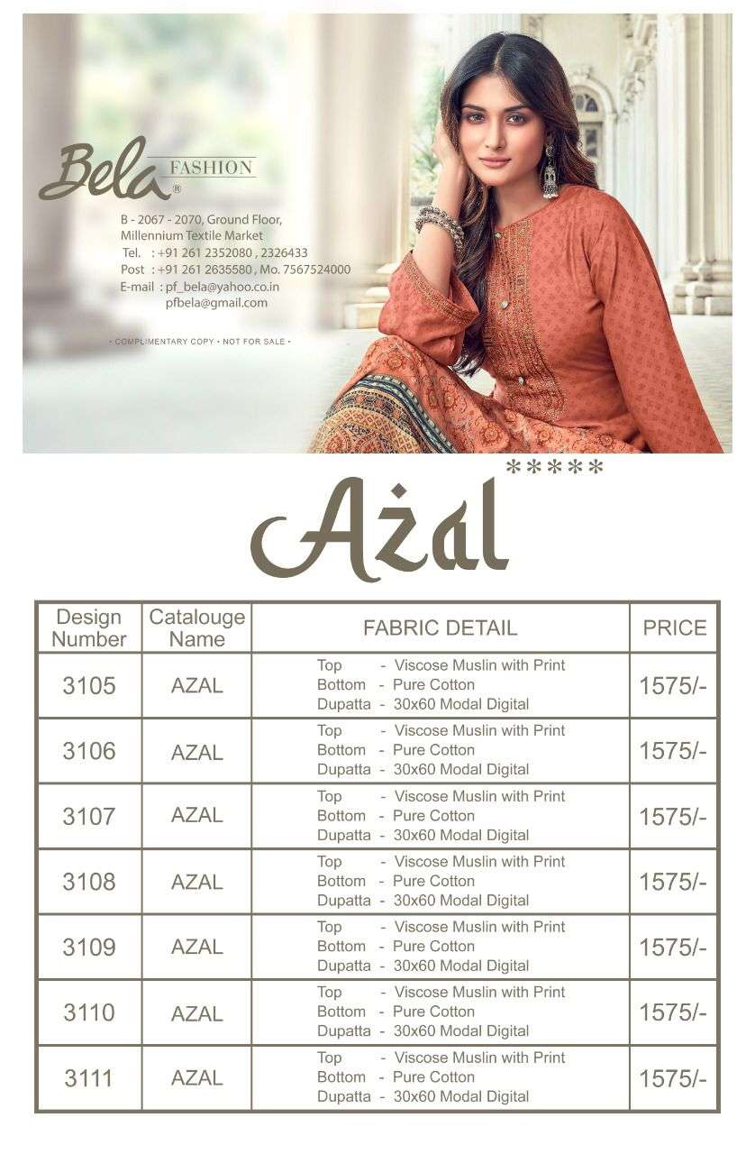 bela fashion azal 3105-3111 series viscose muslin with printed salwar kameez wholesale price