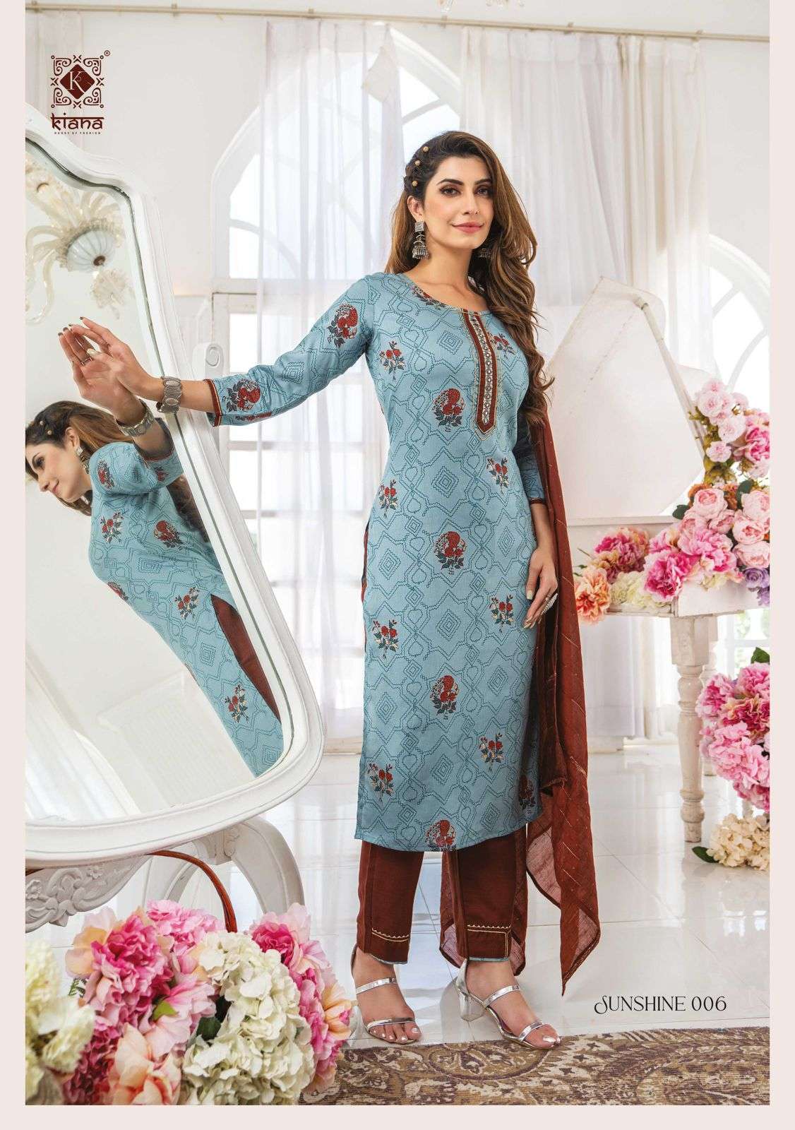 kiana fashion sunshine 001-008 series straight designer kurti bottom dupatta set wholesale price