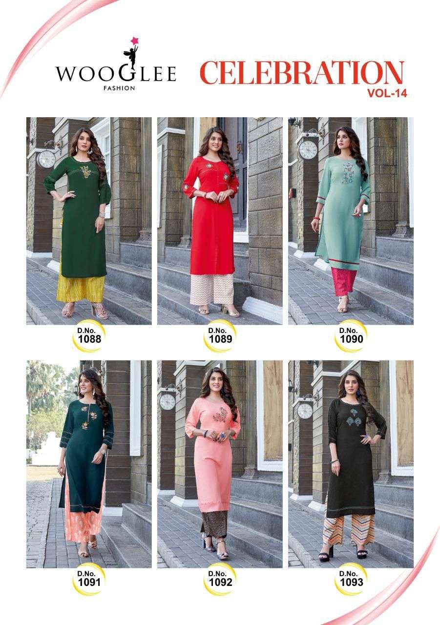 wooglee celebration vol 14 heavy reyon embroidred kurti pant set collection online shopping surat 