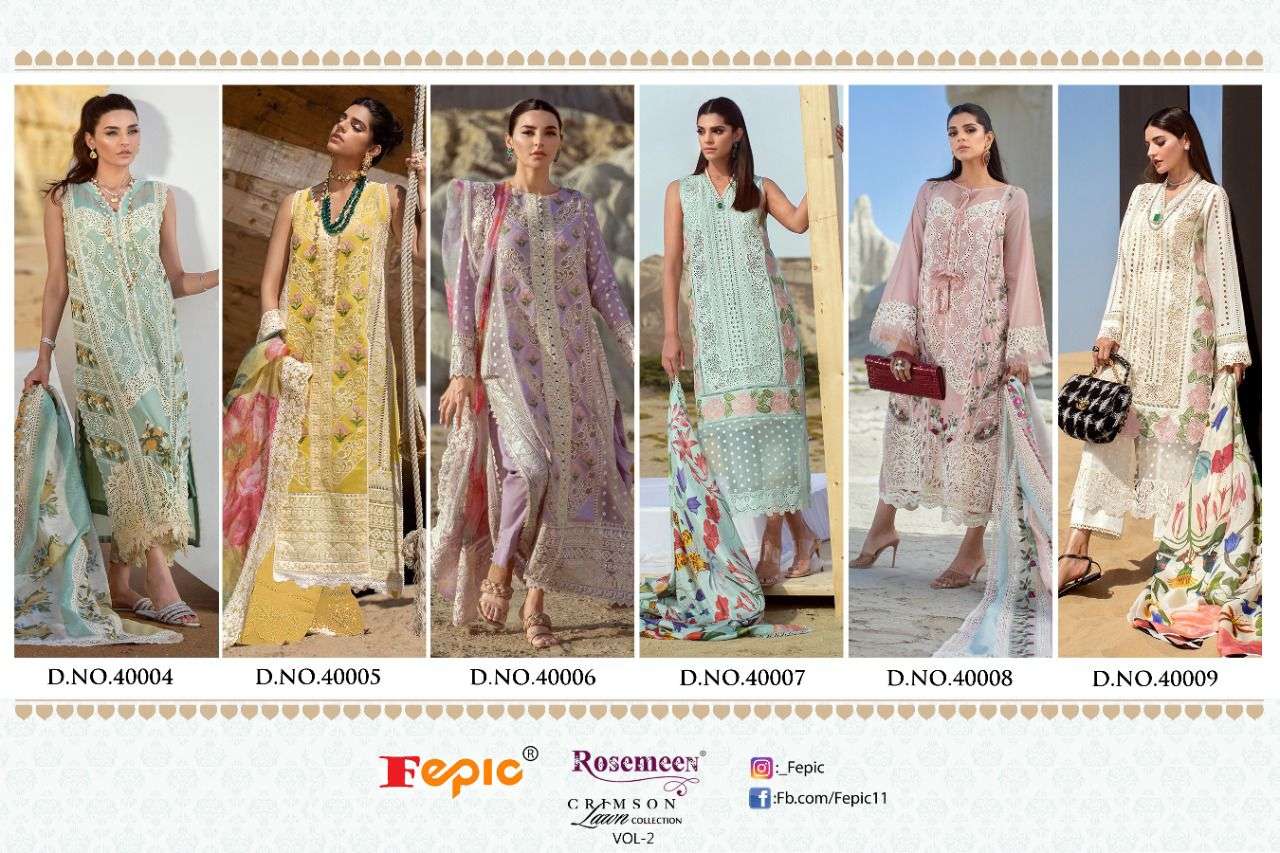 fepic crimson lawn collection vol 2 40004-40009 series cotton embroidered suits at pratham export surat