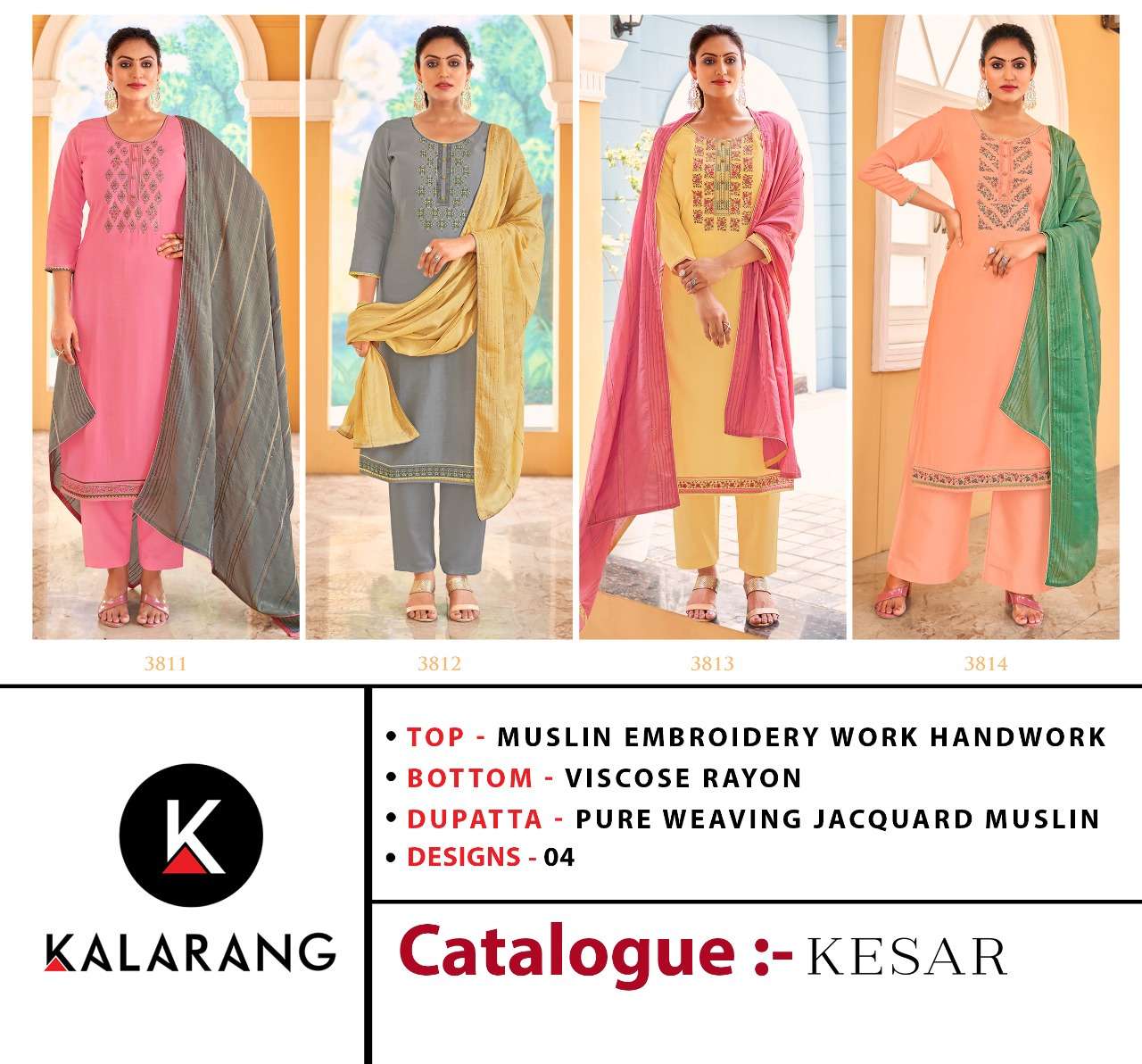 kalarang kesar 3811 - 3814 series muslin fabric salwar kameez online shopping wholesale dealer surat 